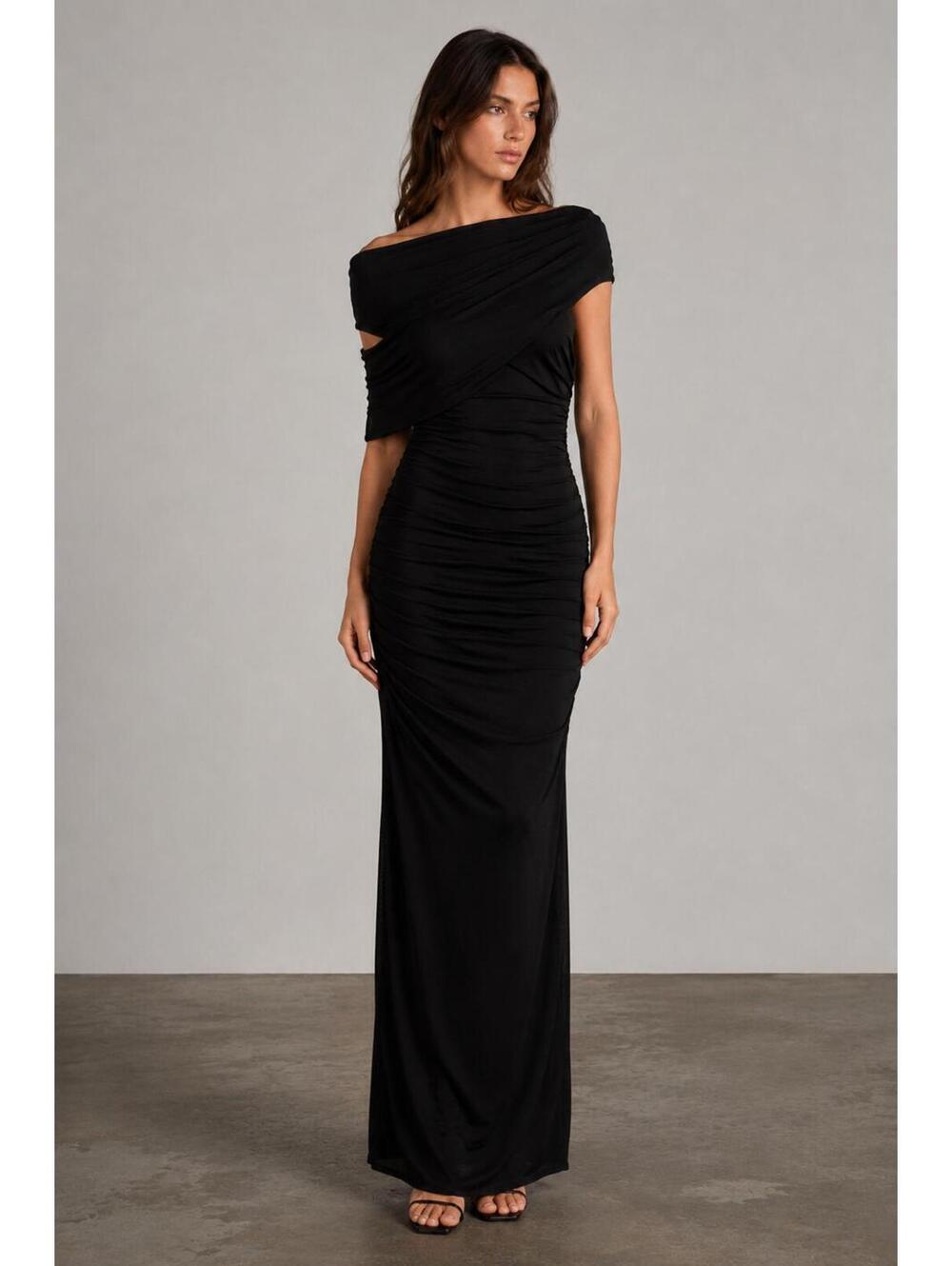Blumarine Black Ruched Off-Shoulder Maxi Dress IT 42 US 6 | NWT